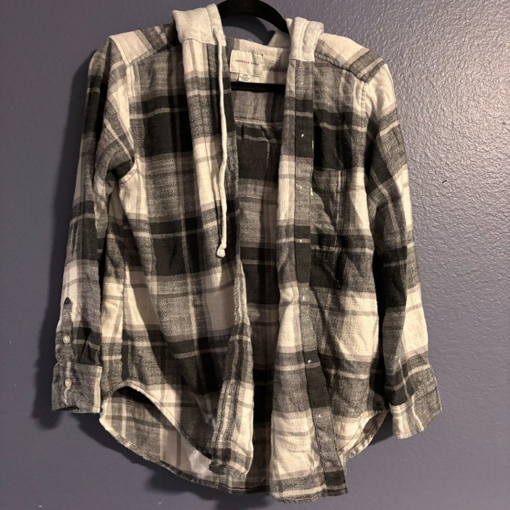 American Eagle Plaid Button Down Flannel Hoodie - image 1